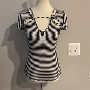 Free People Black and White Striped Short Sleeve Top